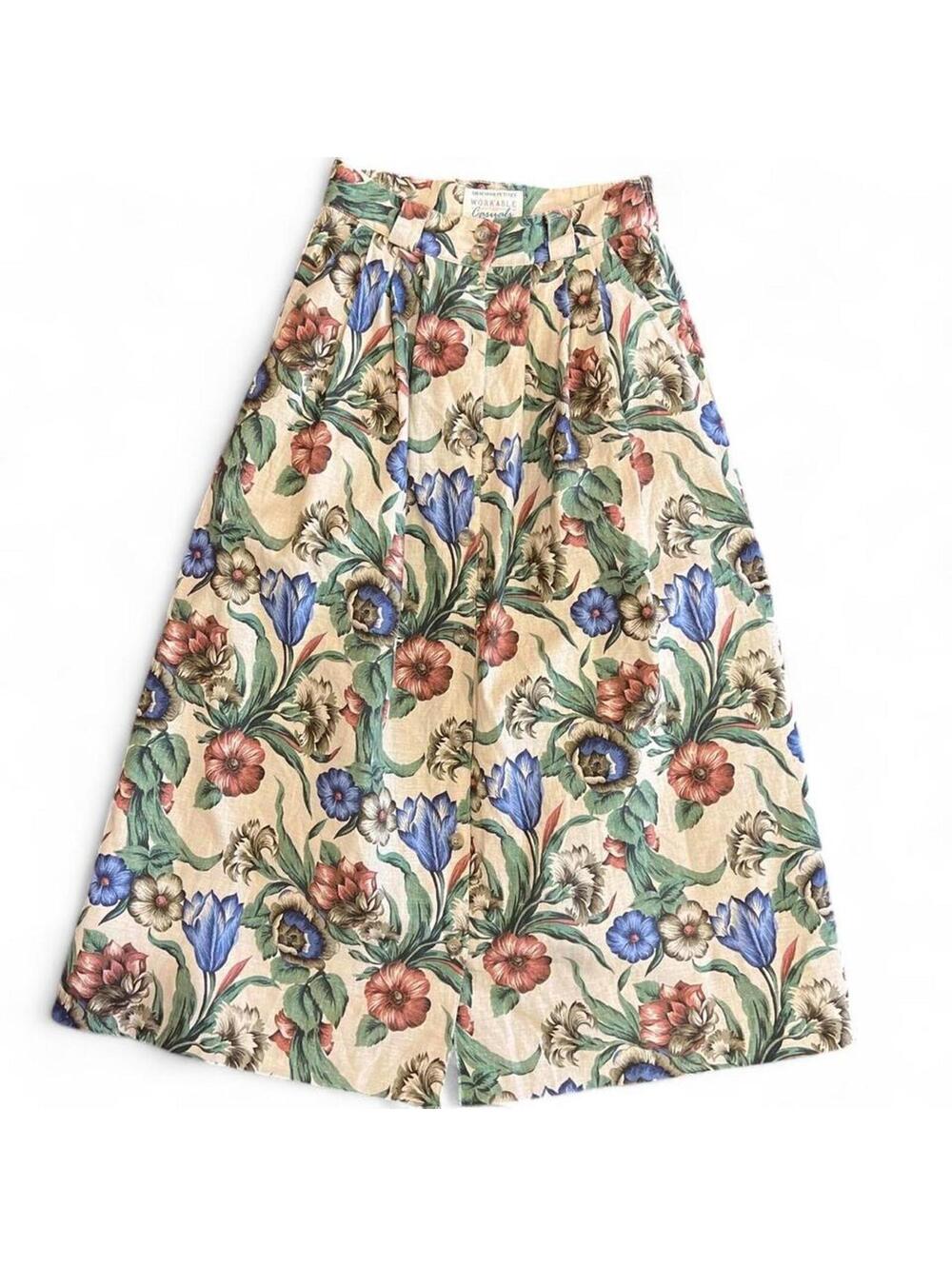 Vintage 90s Botanical Floral‎ Linen Maxi Skirt Cottagecore Grandmacore